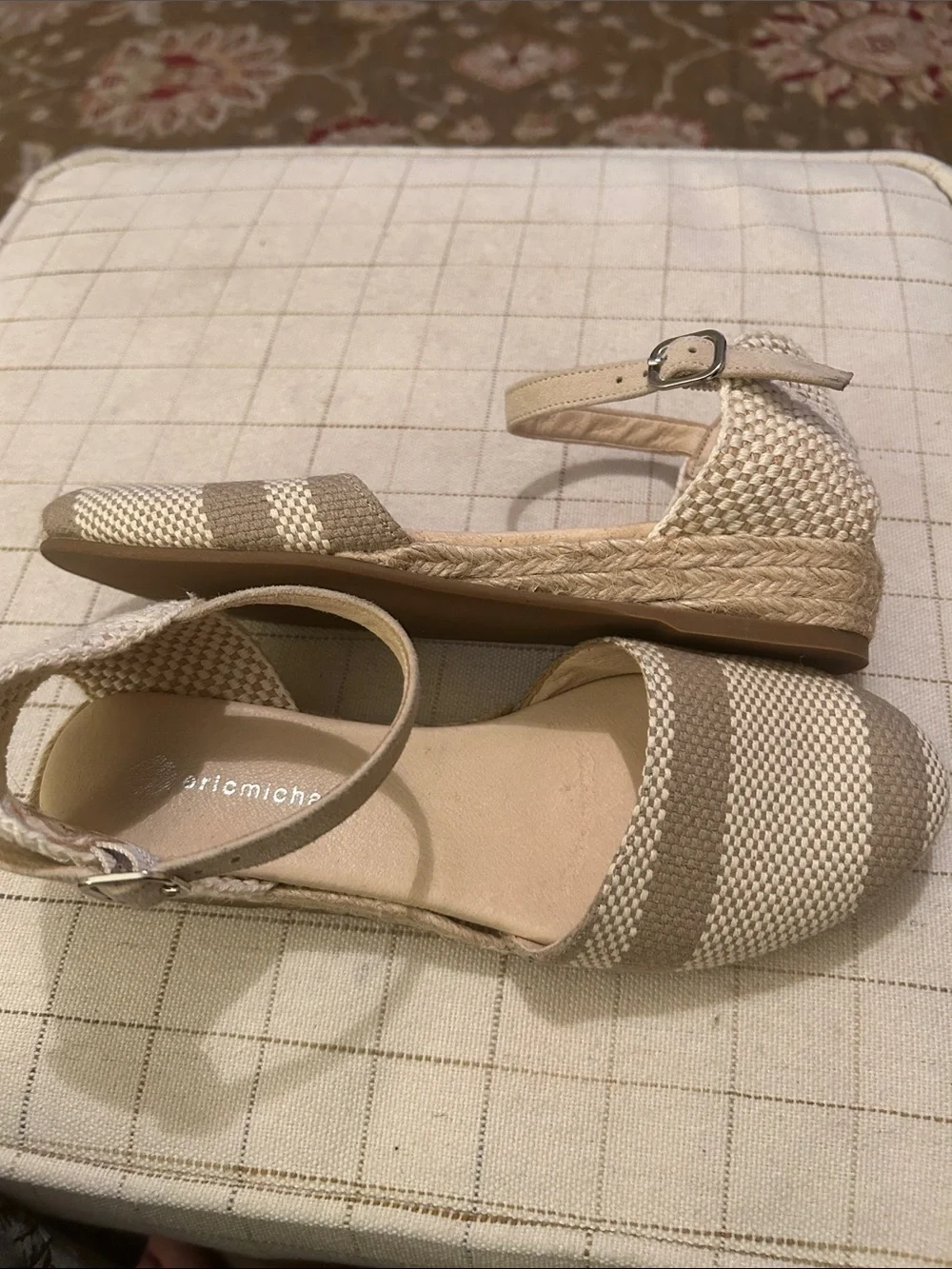 Eric Michael Striped Ankle-Strap Espadrilles in Taupe and Cream